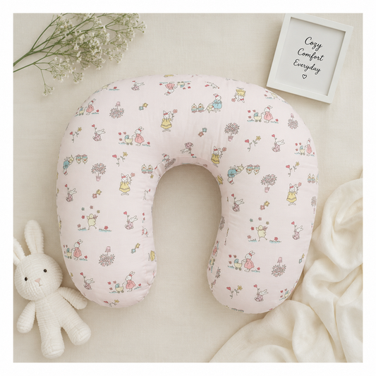 Smile Baby U-Shaped Feeding Pillow for Breastfeeding | Soft Cotton Nursing Support Pillow for Newborn Baby | Rabbit Print |  Pink