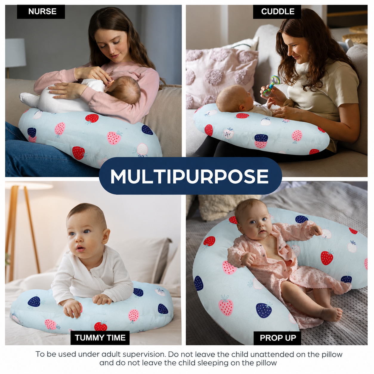 Smile Baby U-Shaped Nursing Pillow with Removable Cotton Cover | Breastfeeding, Feeding & Tummy Time Support | Blue Strawberry Print