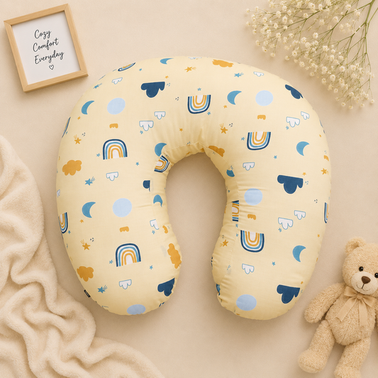 Smile Baby Premium U-Shaped Feeding Pillow for Newborn Baby | Soft Nursing Support Pillow | Rainbow, Moon & Cloud Print | Cream Yellow