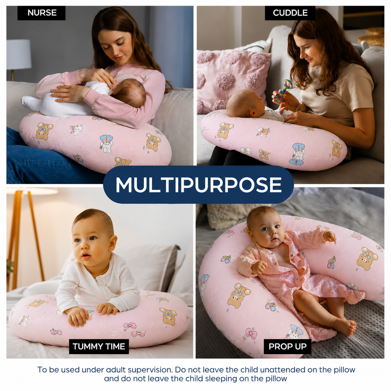 Smile Baby Pink Teddy & Bunny Print Premium Cotton Feeding & Nursing Pillow | Multipurpose Breastfeeding Support Pillow with Removable Washable Cover for Newborn Baby