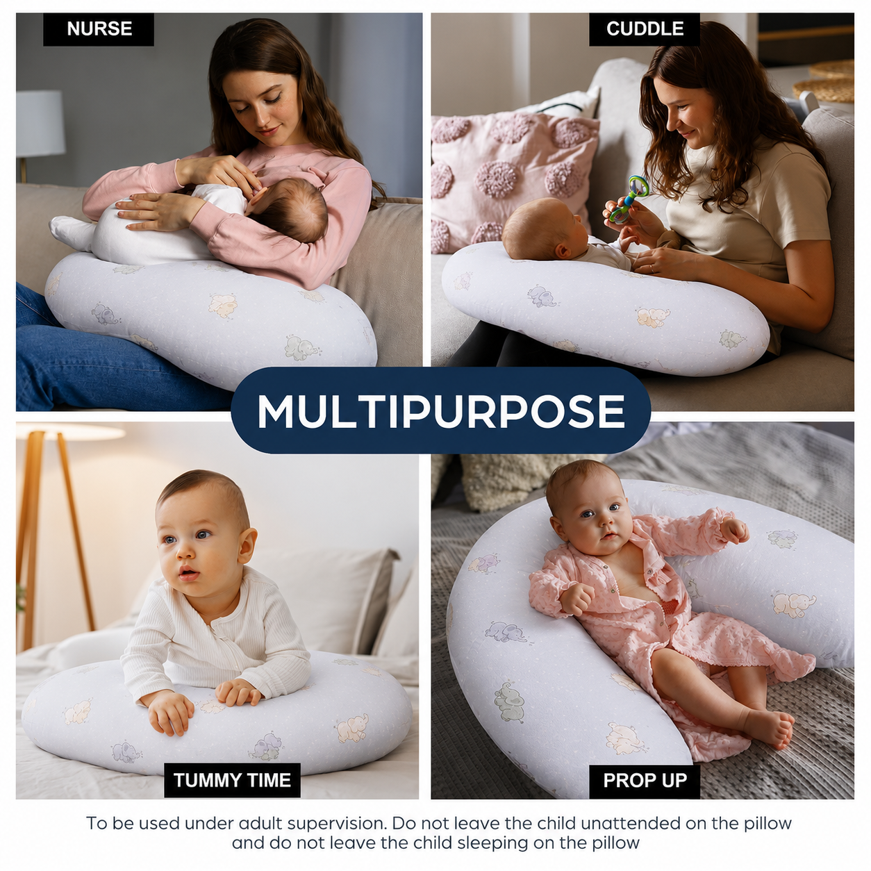 Smile Baby U-Shaped Nursing Pillow with Removable Cotton Cover | Soft Baby Feeding & Support Pillow | Blue Elephant Print