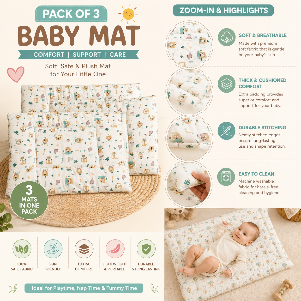 Smile Baby Muslin Baby Mat Pack of 3 | Ultra Soft & Breathable Cotton Muslin Sleeping Mat for Newborn Babies | Lightweight, Foldable, Reusable Play Mat | Multi-Purpose Baby Bedding Mat | Animal Print