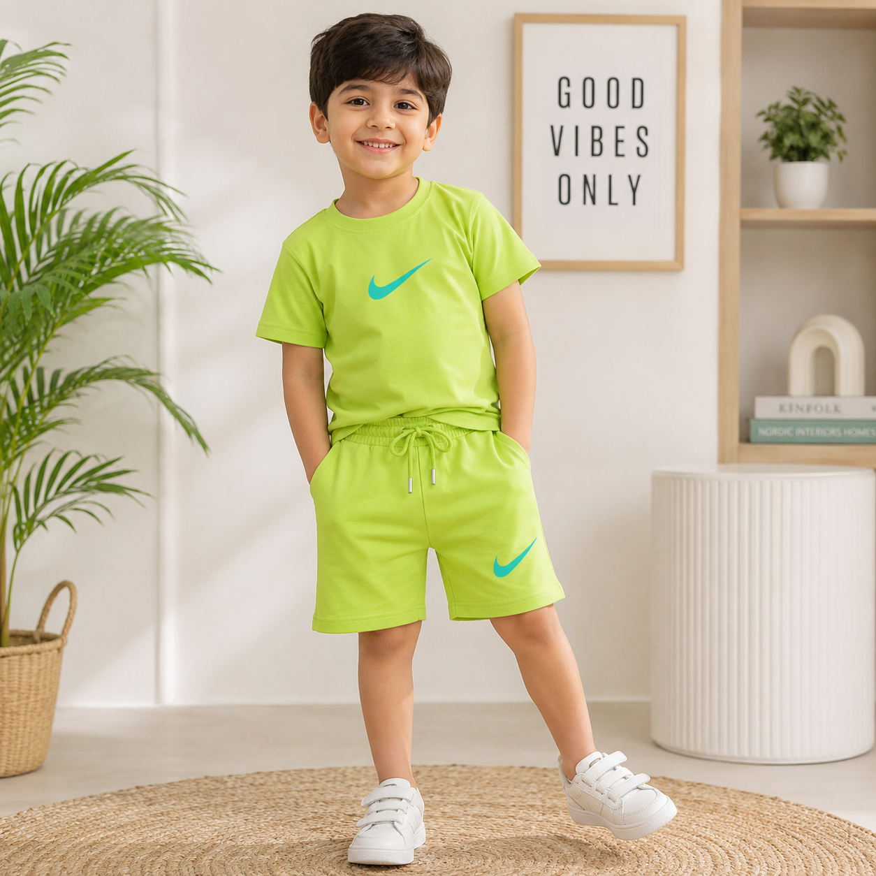 Smile Baby Boys Cotton T-Shirt & Shorts Co-Ord Set | Half Sleeve Summer Outfit | Soft Casual Clothing Set | Off White, Orange & Neon Green | 4-12 Years
