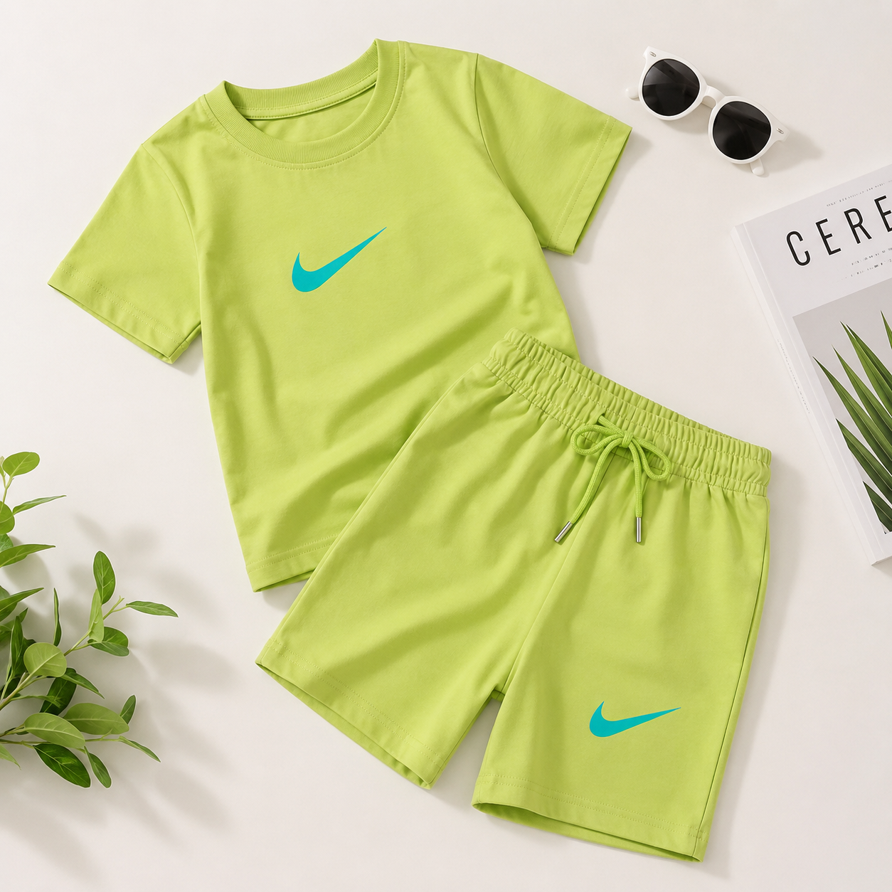 Smile Baby Boys Cotton T-Shirt & Shorts Co-Ord Set | Half Sleeve Summer Outfit | Soft Casual Clothing Set | Off White, Orange & Neon Green | 4-12 Years