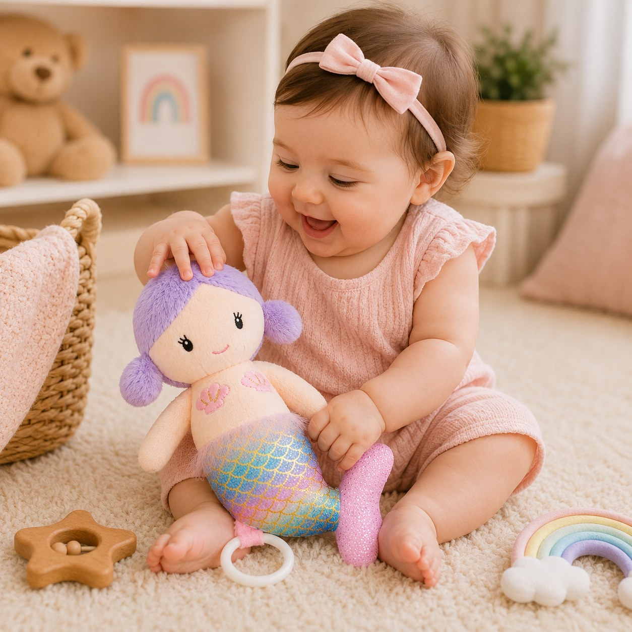SMILE BABY Mermaid Hanging Plush Toy with Teether Ring – Soft Baby Activity Toy for Crib, Stroller, Car Seat & Pram | Newborn Sensory Toy | 0+ Months