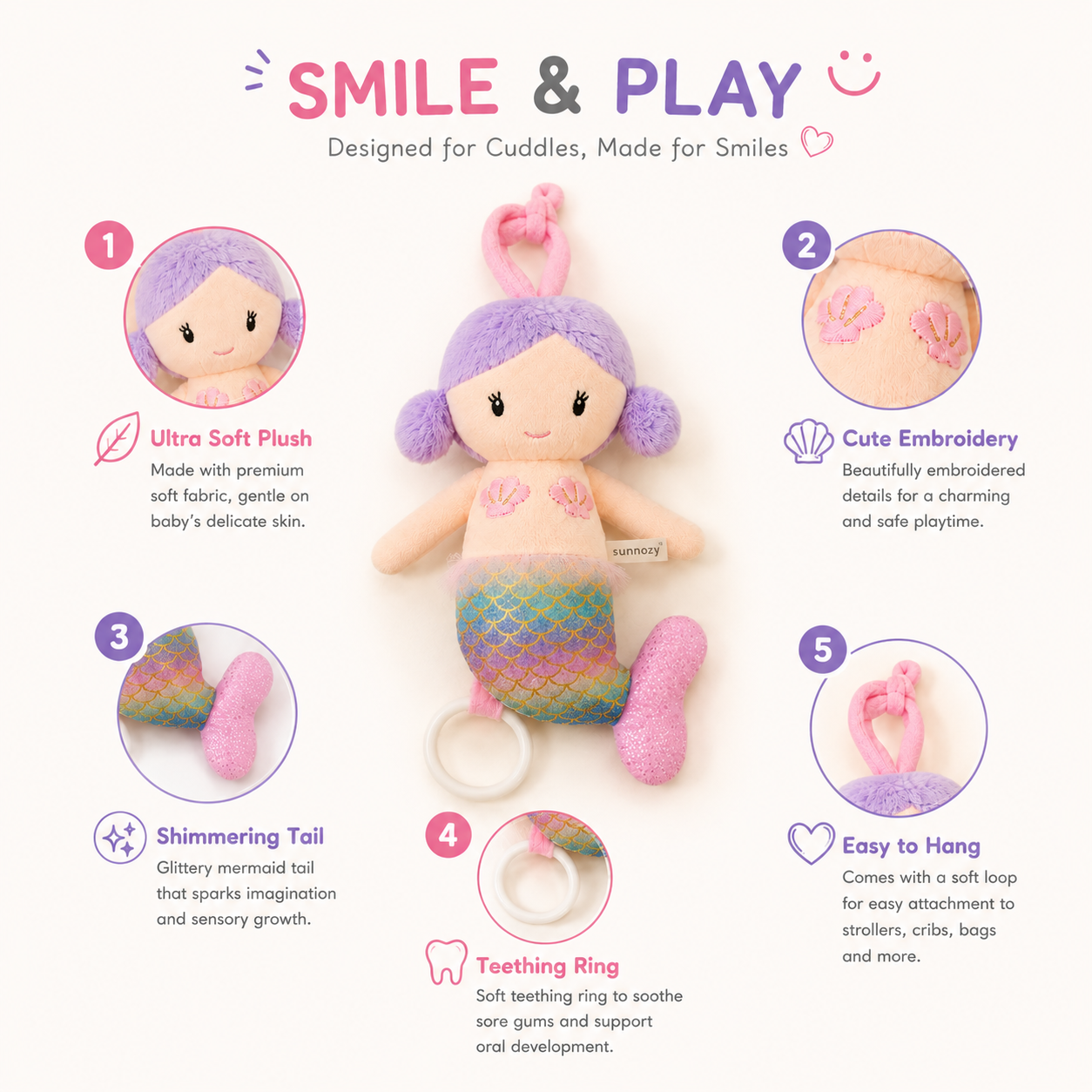 SMILE BABY Mermaid Hanging Plush Toy with Teether Ring – Soft Baby Activity Toy for Crib, Stroller, Car Seat & Pram | Newborn Sensory Toy | 0+ Months