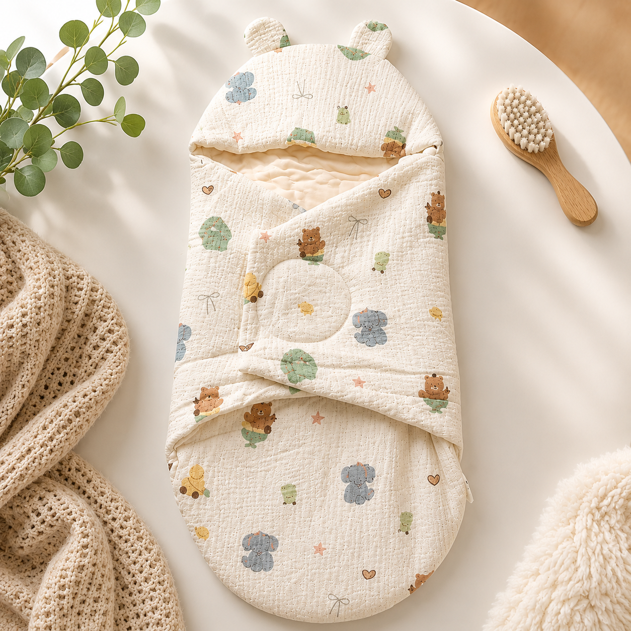 SMILE BABY Muslin Elephant Teddy Baby Swaddle Wrapper | Premium Muslin Cotton & Ultra Soft Minky Dot Fabric | Adjustable Velcro Newborn Receiving Blanket with Bear Ear Hood | 0–6 Months