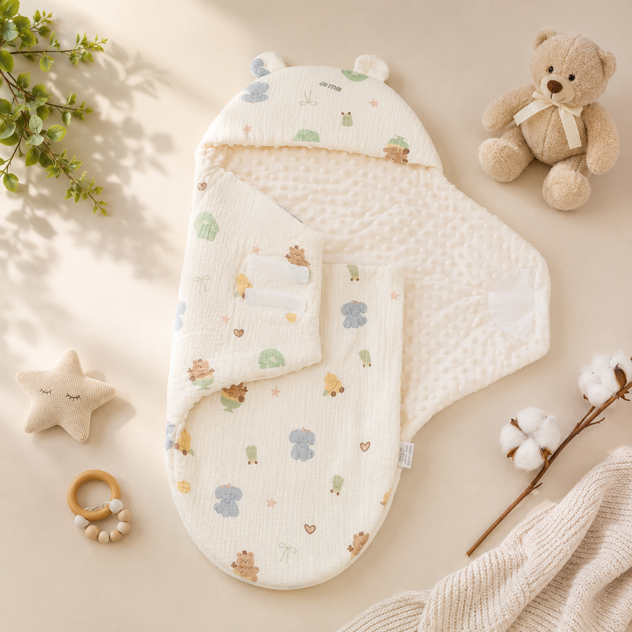 SMILE BABY Muslin Elephant Teddy Baby Swaddle Wrapper | Premium Muslin Cotton & Ultra Soft Minky Dot Fabric | Adjustable Velcro Newborn Receiving Blanket with Bear Ear Hood | 0–6 Months