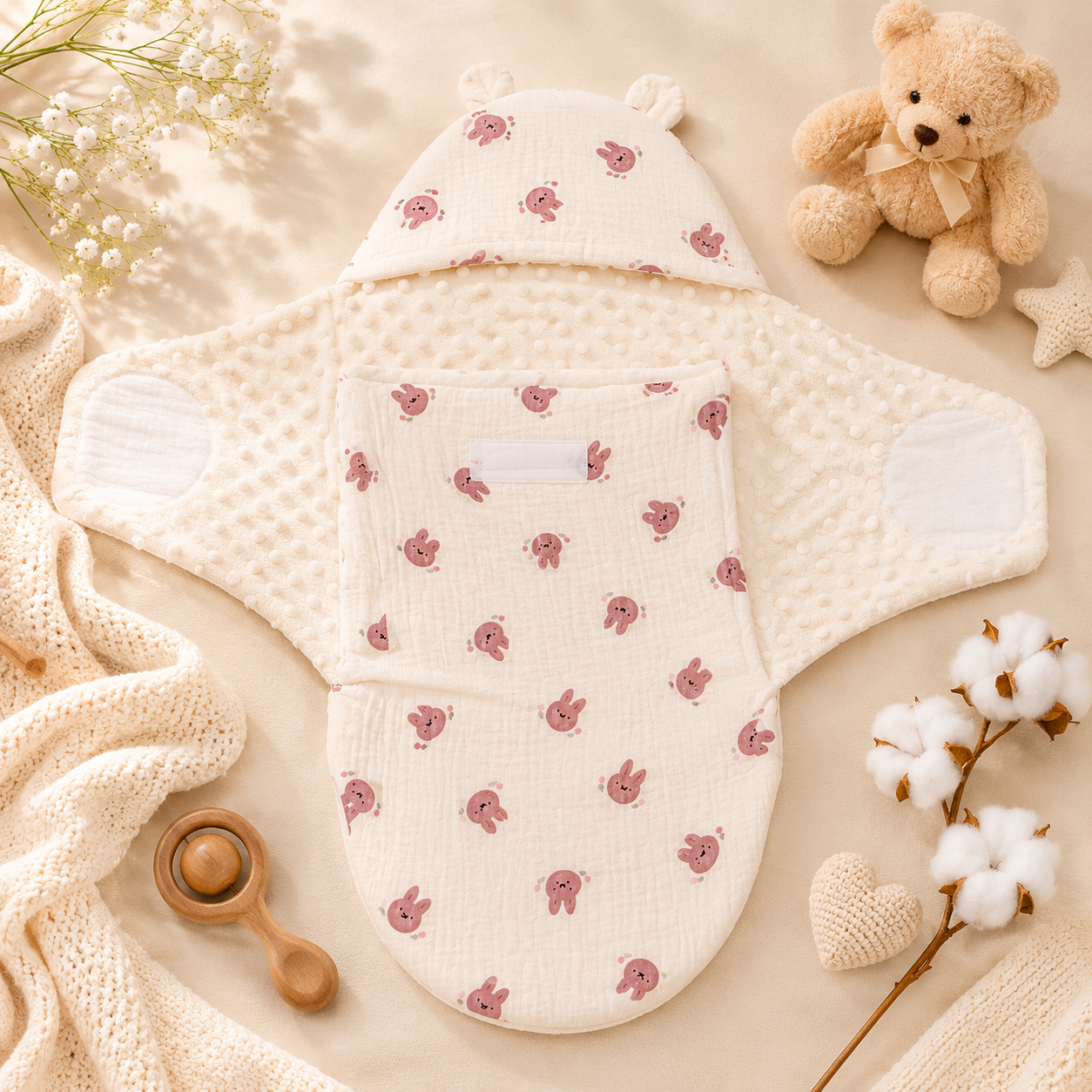 SMILE BABY Muslin Bunny Baby Swaddle Wrapper | Premium Muslin Cotton & Ultra Soft Minky Dot Fabric | Adjustable Velcro Newborn Receiving Blanket with Bunny Ear Hood | 0–6 Months
