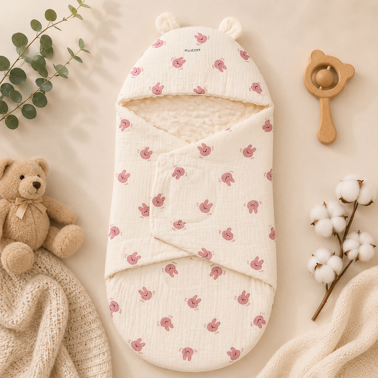 SMILE BABY Muslin Bunny Baby Swaddle Wrapper | Premium Muslin Cotton & Ultra Soft Minky Dot Fabric | Adjustable Velcro Newborn Receiving Blanket with Bunny Ear Hood | 0–6 Months
