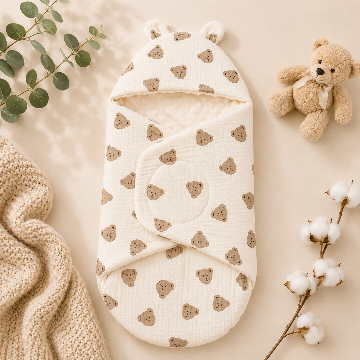 SMILE BABY Muslin Teddy Bear Baby Swaddle Wrapper | Ultra Soft Muslin Cotton & Minky Dot Fabric | Adjustable Velcro Baby Receiving Blanket with Bear Hood | Newborn Swaddle Wrap (0-6 Months)