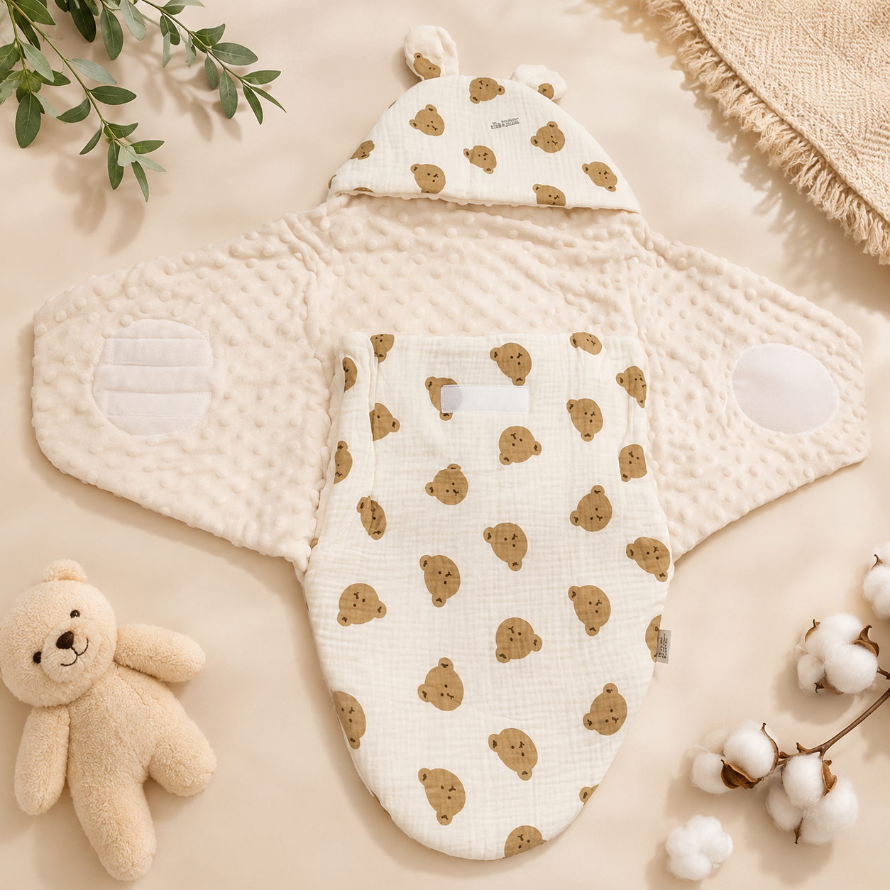 SMILE BABY Muslin Teddy Bear Baby Swaddle Wrapper | Ultra Soft Muslin Cotton & Minky Dot Fabric | Adjustable Velcro Baby Receiving Blanket with Bear Hood | Newborn Swaddle Wrap (0-6 Months)