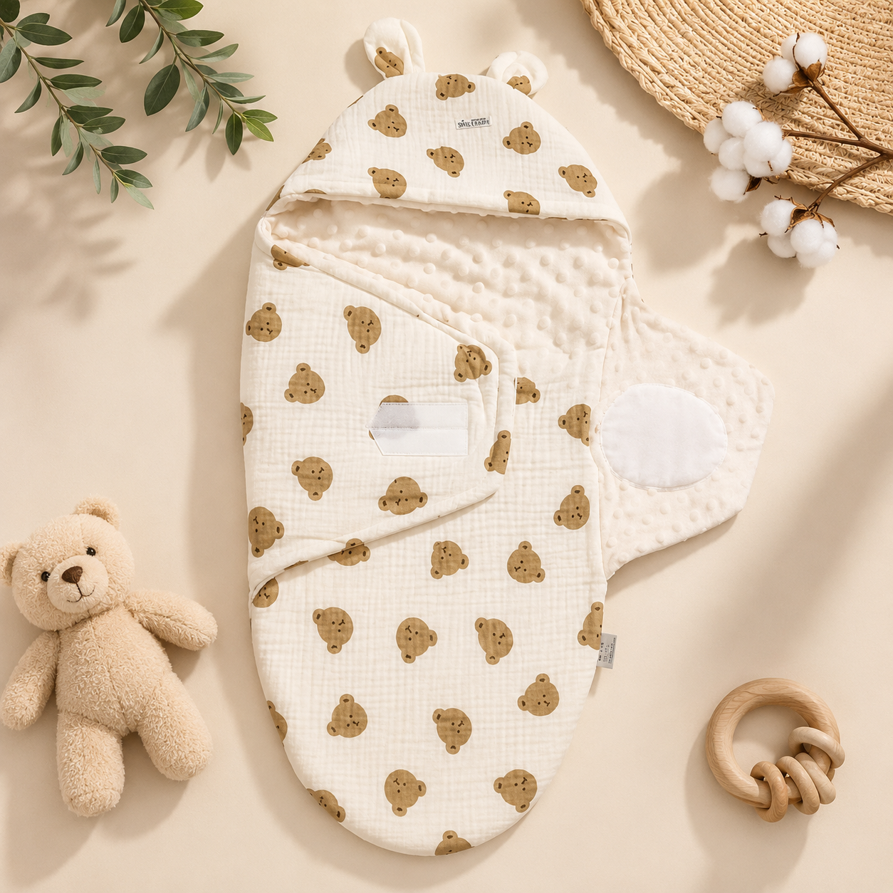 SMILE BABY Muslin Teddy Bear Baby Swaddle Wrapper | Ultra Soft Muslin Cotton & Minky Dot Fabric | Adjustable Velcro Baby Receiving Blanket with Bear Hood | Newborn Swaddle Wrap (0-6 Months)