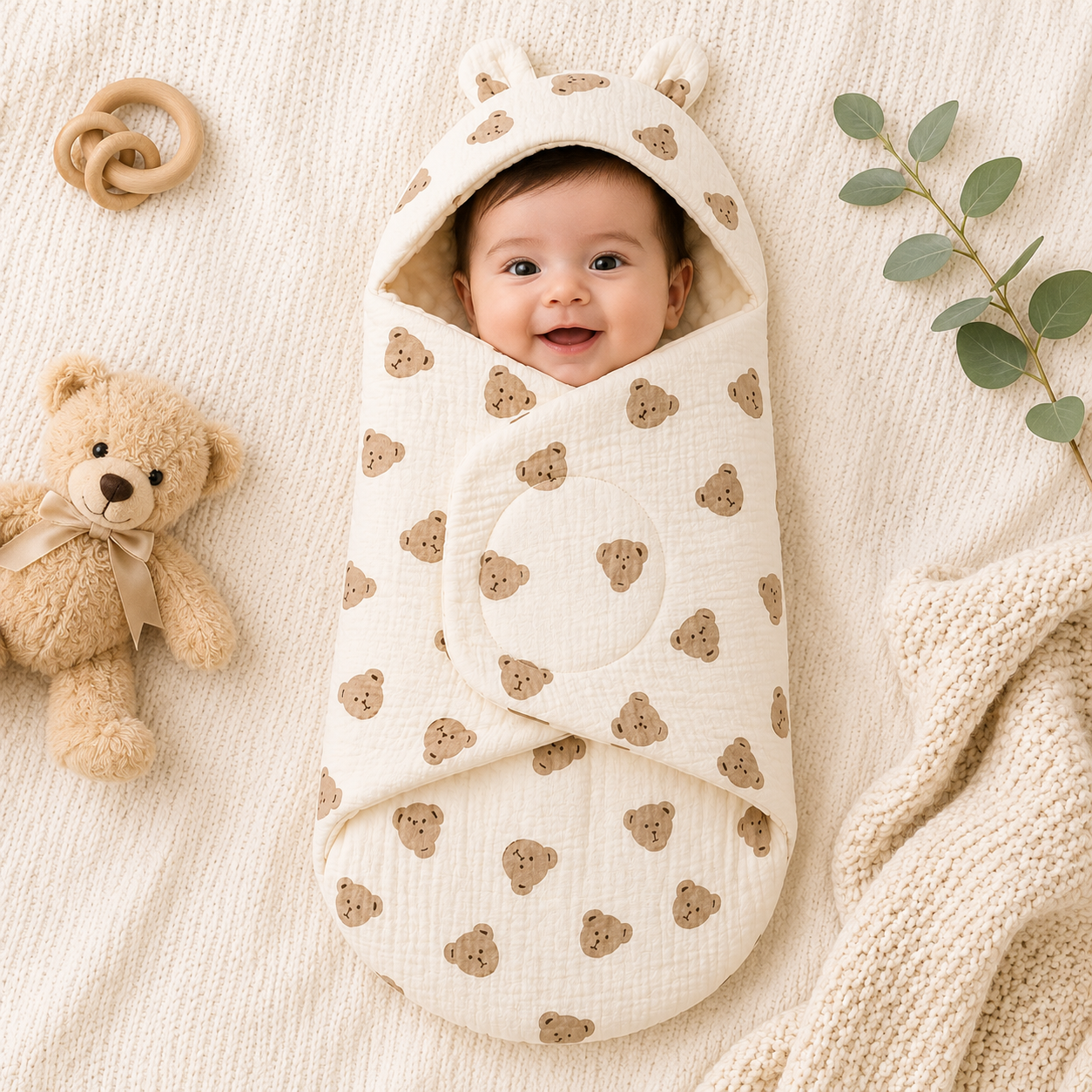 SMILE BABY Muslin Teddy Bear Baby Swaddle Wrapper | Ultra Soft Muslin Cotton & Minky Dot Fabric | Adjustable Velcro Baby Receiving Blanket with Bear Hood | Newborn Swaddle Wrap (0-6 Months)