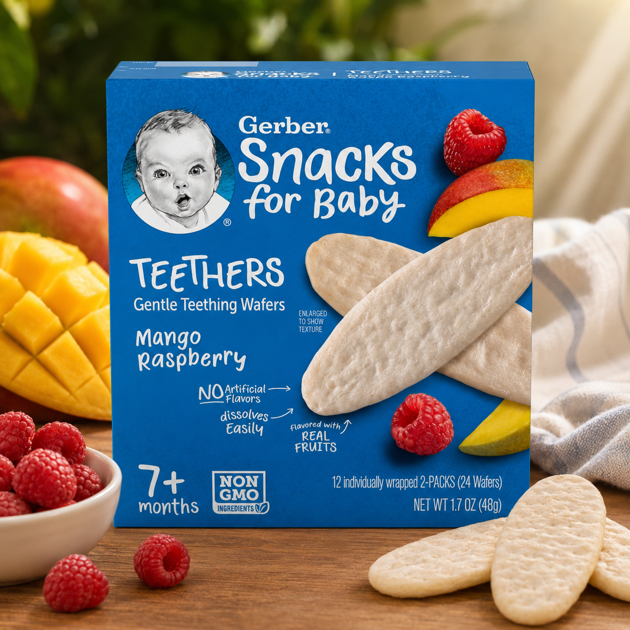 Gerber Teethers Gentle Teething Wafers for Babies 7+ Months | Mango Raspberry, Banana Peach & Strawberry Apple Spinach | Dissolves Easily | No Artificial Flavors | 48g