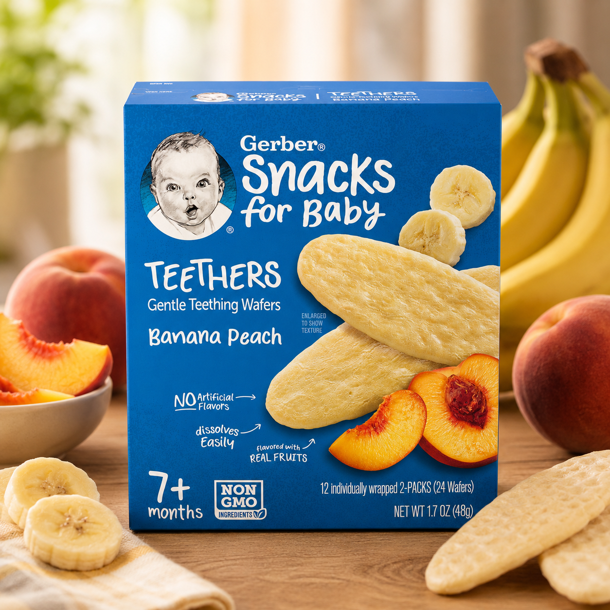 Gerber Teethers Gentle Teething Wafers for Babies 7+ Months | Mango Raspberry, Banana Peach & Strawberry Apple Spinach | Dissolves Easily | No Artificial Flavors | 48g