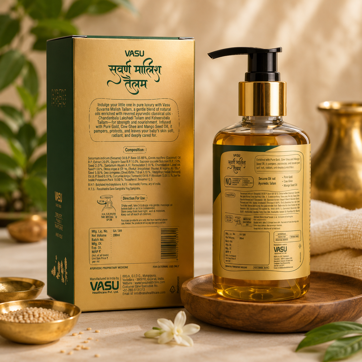 VASU Suvarna Malish Tailam Ayurvedic Baby Massage Oil | Enriched with Pure Gold, Cow Ghee & Precious Oils | Gentle Daily Baby Care | Dermatologically Tested | 200ml