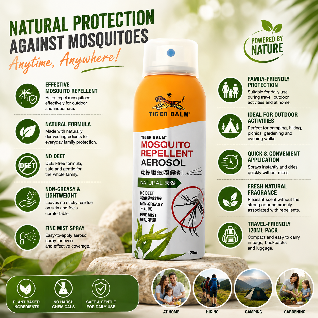 Tiger Balm Mosquito Repellent Aerosol Spray | Natural Formula | DEET-Free | Non-Greasy Fine Mist | Family-Friendly Protection | 120ml