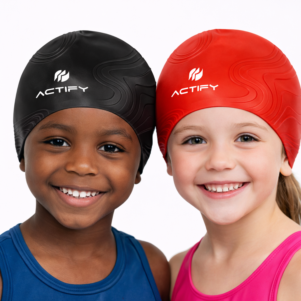 SMILE BABY Silicone Swimming Cap for Kids & Teens | Waterproof Stretch Swim Hat | Available in Black, Purple & Red