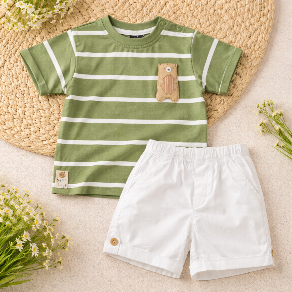 LITTLE KANGAROO Baby Boys Cotton T-Shirt & Shorts Set | Striped Summer Outfit | 6–24 Months (Blue, Green)