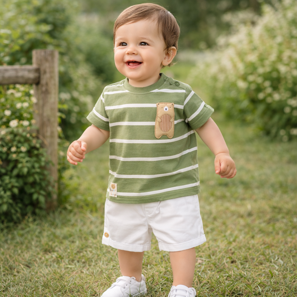 LITTLE KANGAROO Baby Boys Cotton T-Shirt & Shorts Set | Striped Summer Outfit | 6–24 Months (Blue, Green)