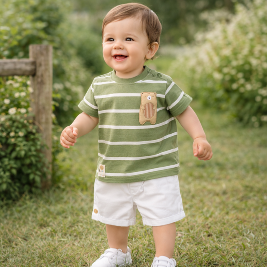 LITTLE KANGAROO Baby Boys Cotton T-Shirt & Shorts Set | Striped Summer Outfit | 6–24 Months (Blue, Green)