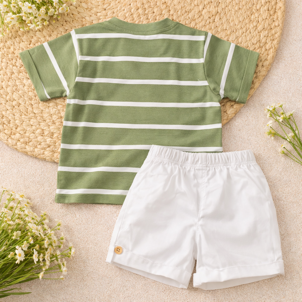 LITTLE KANGAROO Baby Boys Cotton T-Shirt & Shorts Set | Striped Summer Outfit | 6–24 Months (Blue, Green)