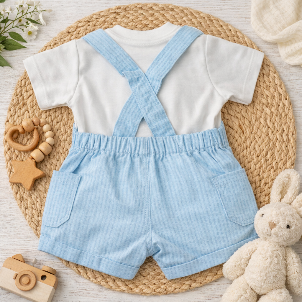 LITTLE KANGAROO Sky Blue Baby Dungaree Set with White Tee | Cute Bear Embroidery | 3-18 Months