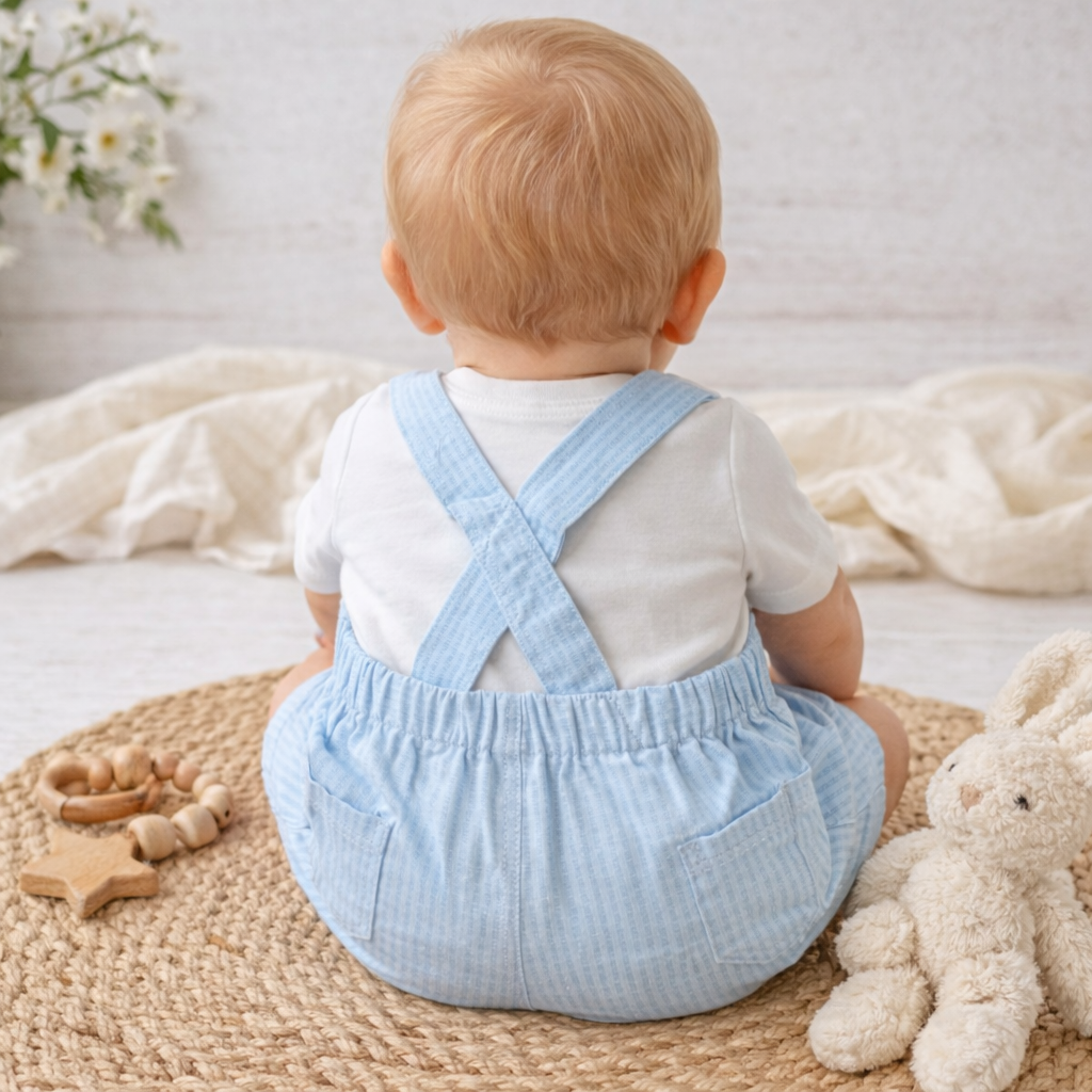 LITTLE KANGAROO Sky Blue Baby Dungaree Set with White Tee | Cute Bear Embroidery | 3-18 Months