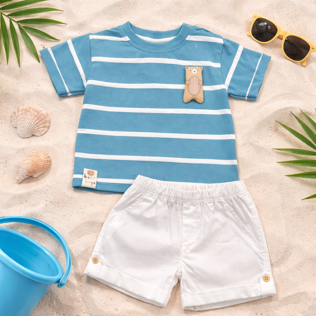 LITTLE KANGAROO Baby Boys Cotton T-Shirt & Shorts Set | Striped Summer Outfit | 6–24 Months (Blue, Green)