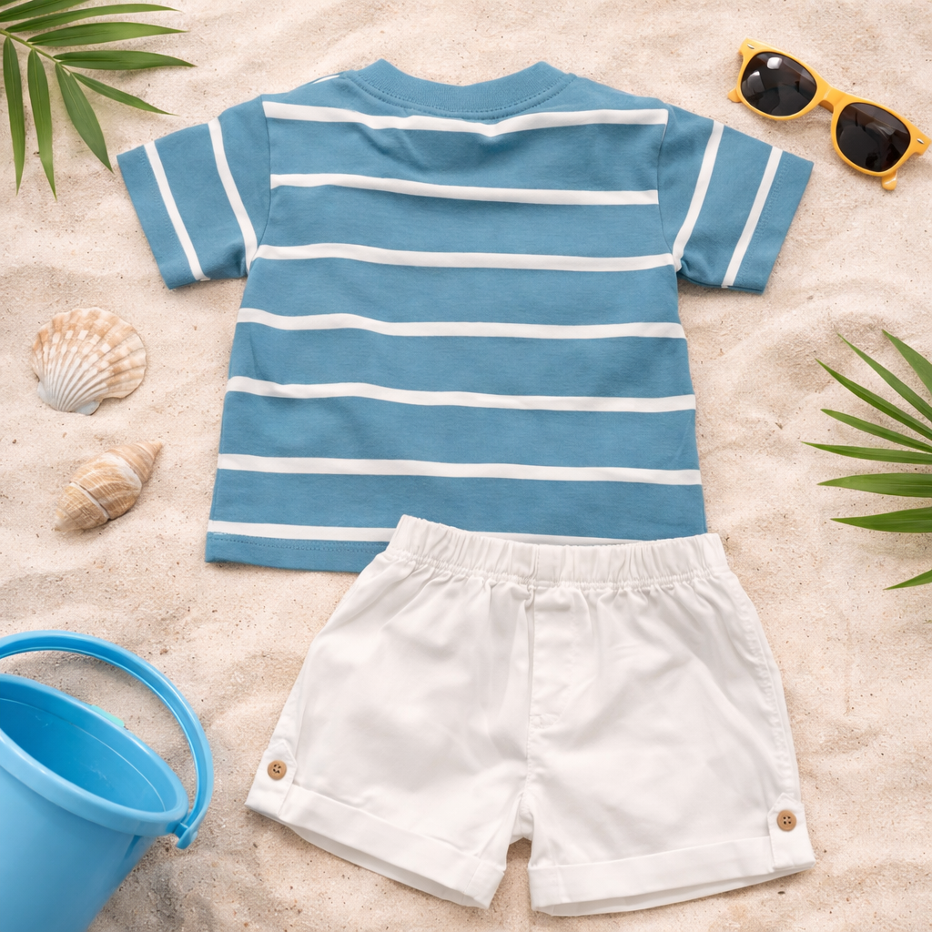 LITTLE KANGAROO Baby Boys Cotton T-Shirt & Shorts Set | Striped Summer Outfit | 6–24 Months (Blue, Green)