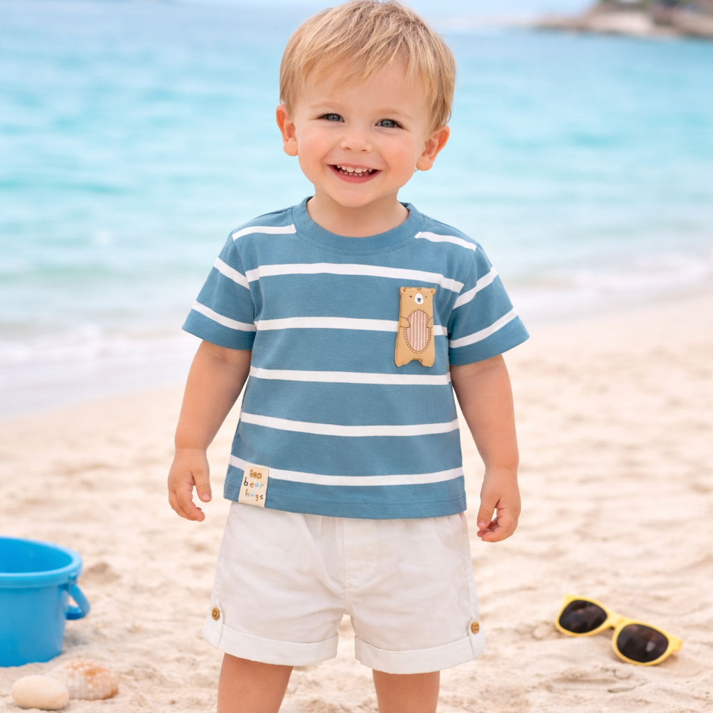 LITTLE KANGAROO Baby Boys Cotton T-Shirt & Shorts Set | Striped Summer Outfit | 6–24 Months (Blue, Green)