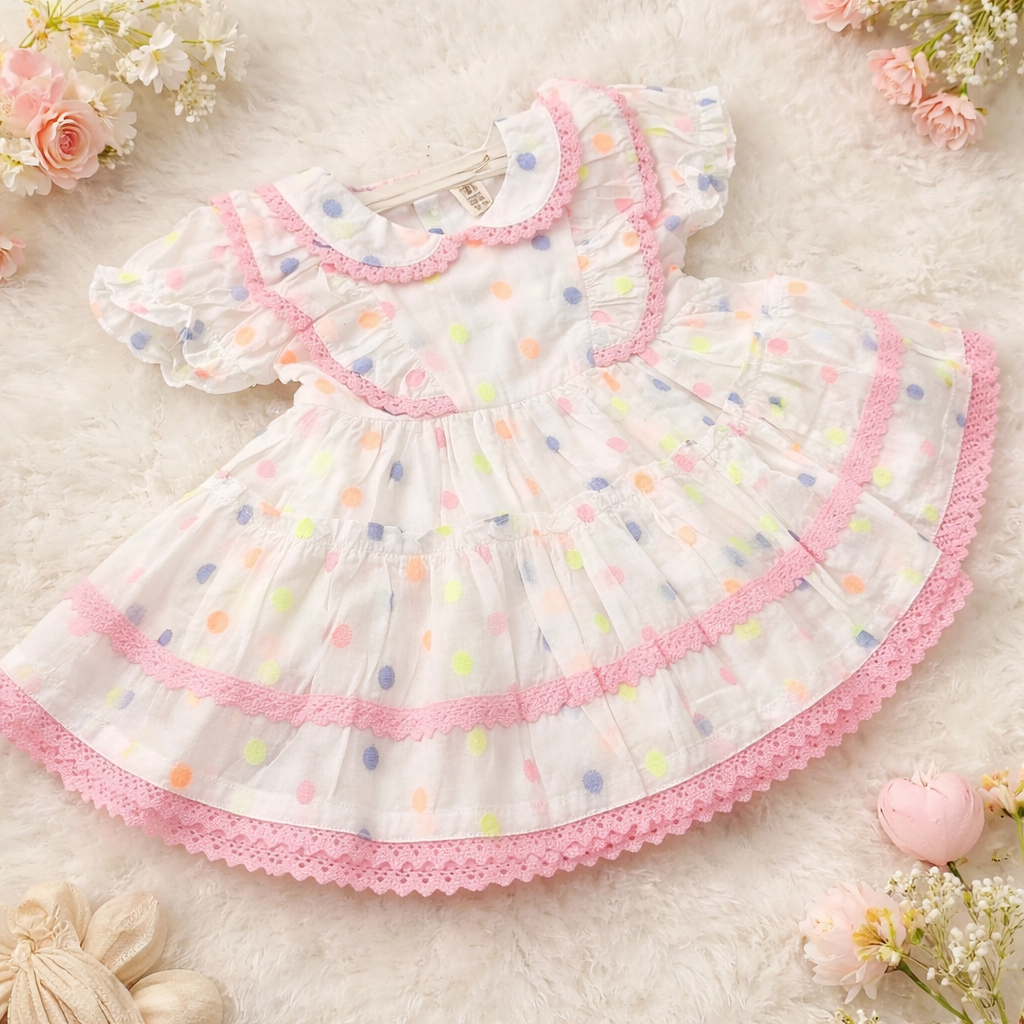 TOFFY HOUSE Baby Girls Pink Polka Dot Party Dress – Soft Layered Frock (9 Months to 3 Years)