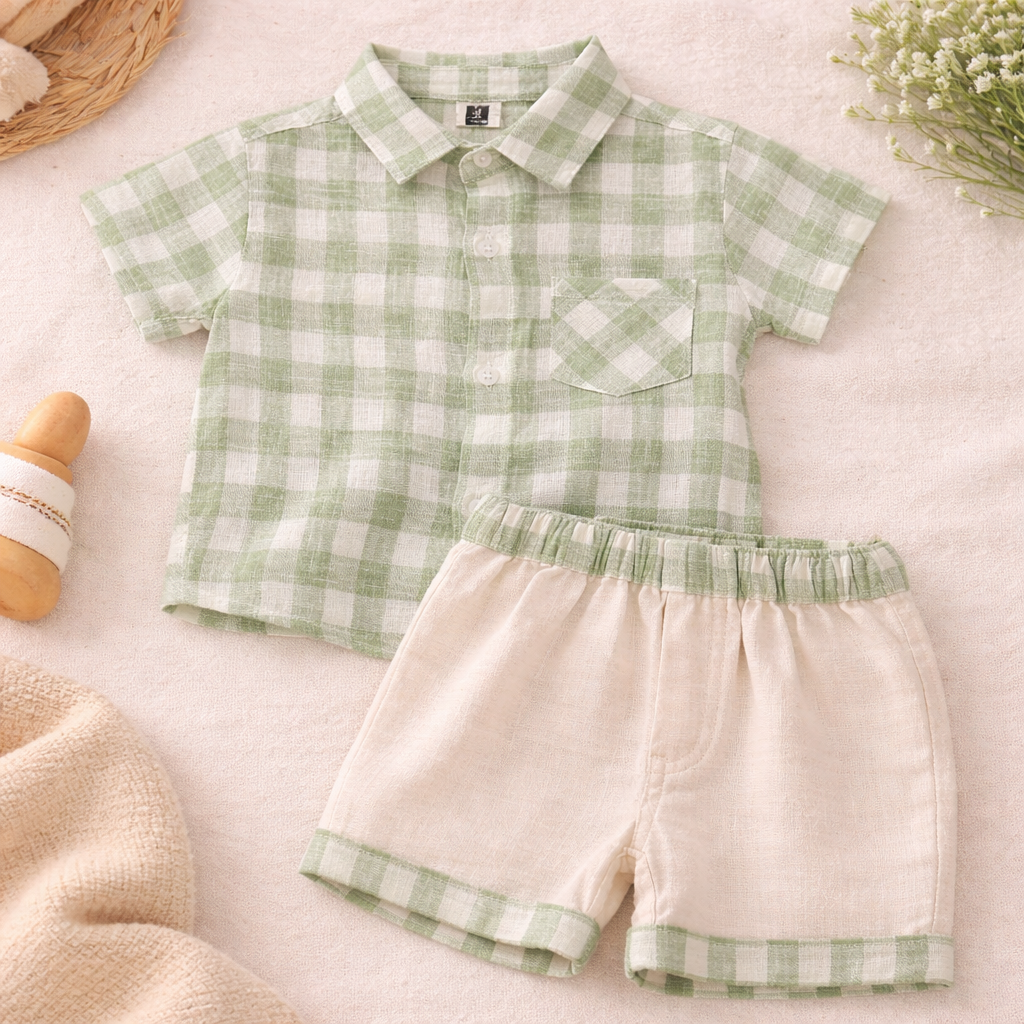 TOFFY HOUSE Baby Boys Green Checked Cotton Shirt & Shorts Set (NB to 9 Months)