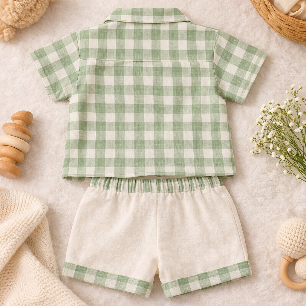 TOFFY HOUSE Baby Boys Green Checked Cotton Shirt & Shorts Set (NB to 9 Months)