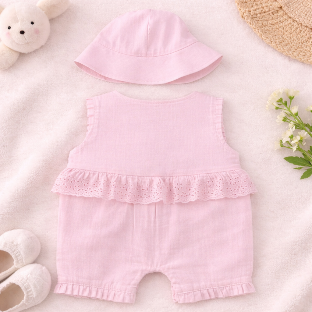 TOFFY HOUSE Baby Girls Pink Cotton Romper Dress with Hat Set (0–9 Months)