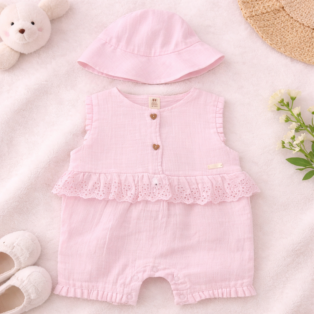 TOFFY HOUSE Baby Girls Pink Cotton Romper Dress with Hat Set (0–9 Months)