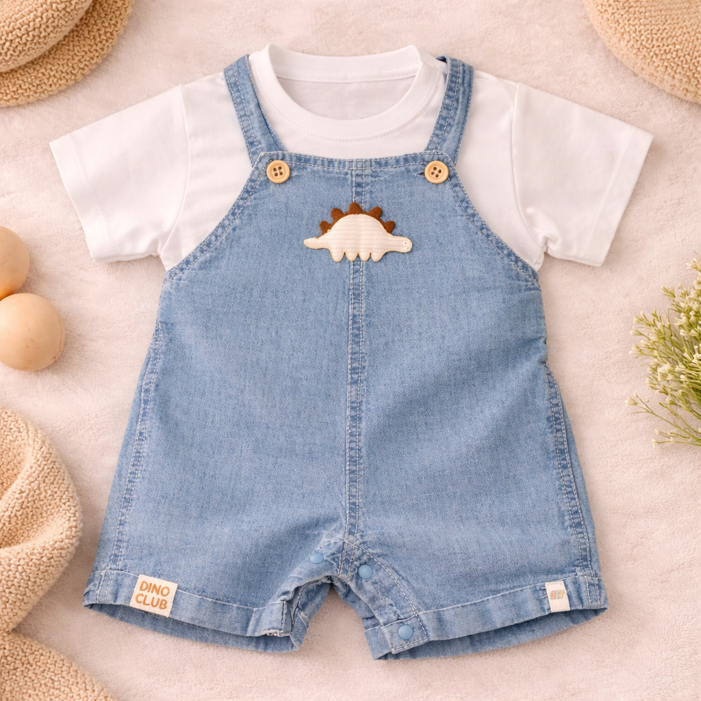 LITTLE KANGAROO Baby Boys Light Blue Denim Dungaree Romper Set with White T-Shirt (3–18 Months)
