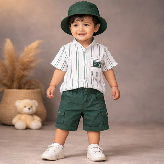 MASHUP Baby Boys Green Shirt & Shorts Set with Hat | Stylish Summer Outfit Set for Babies (6M–24M)