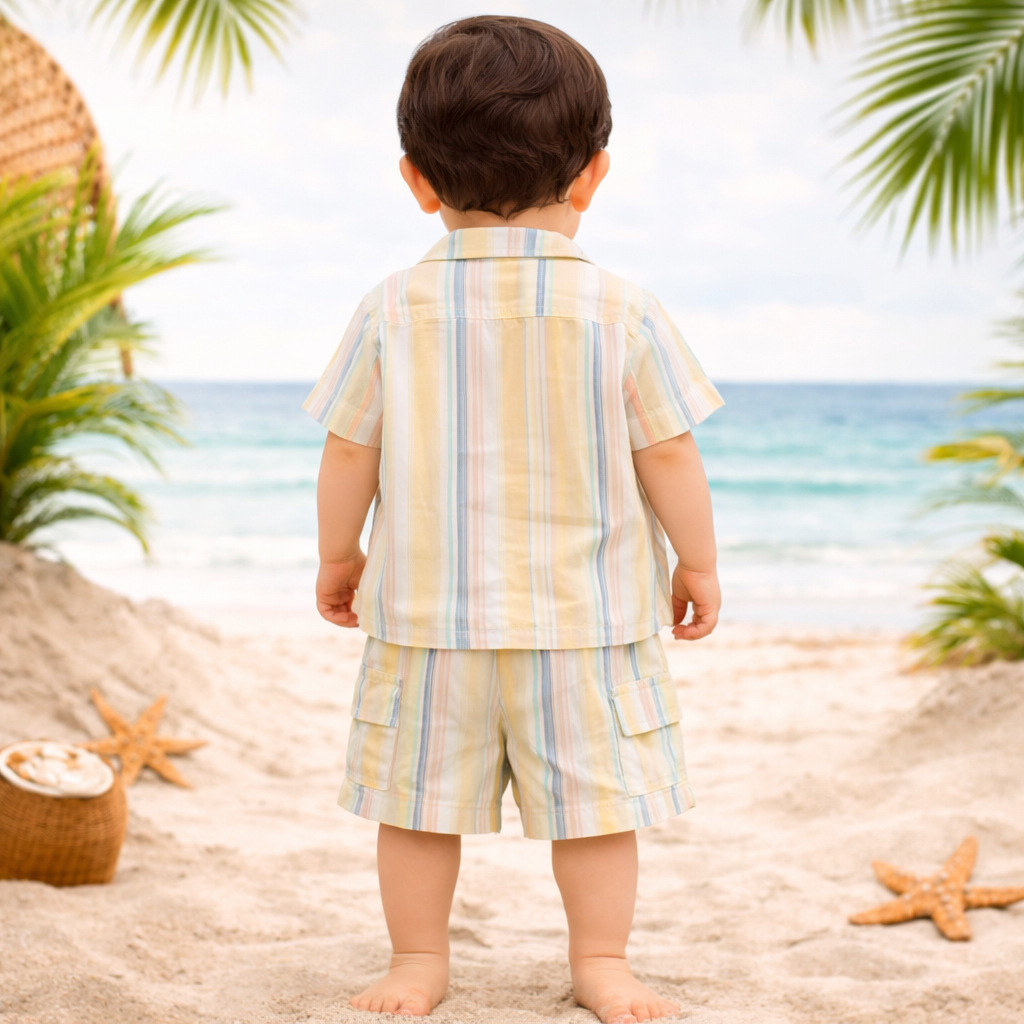 TOFFY HOUSE Baby Boys Lemon Summer Co-Ord Set – Printed T-Shirt with Striped Shirt & Cargo Shorts (9 Months to 3 Years)