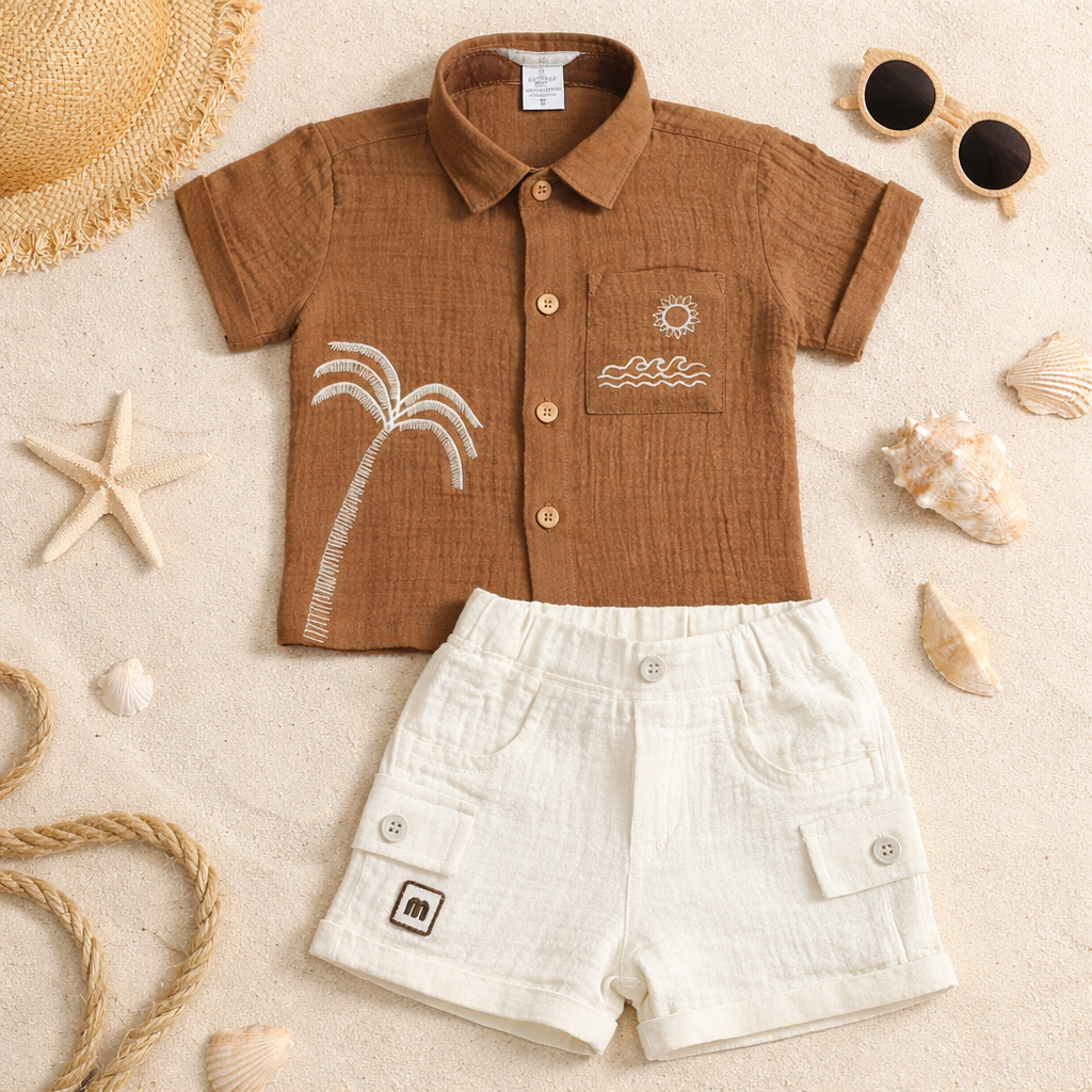 MASHUP Baby Boys Summer Co-Ord Set – Embroidered Cotton Shirt with Cargo Shorts (6M to 24M) – Brown & Off White