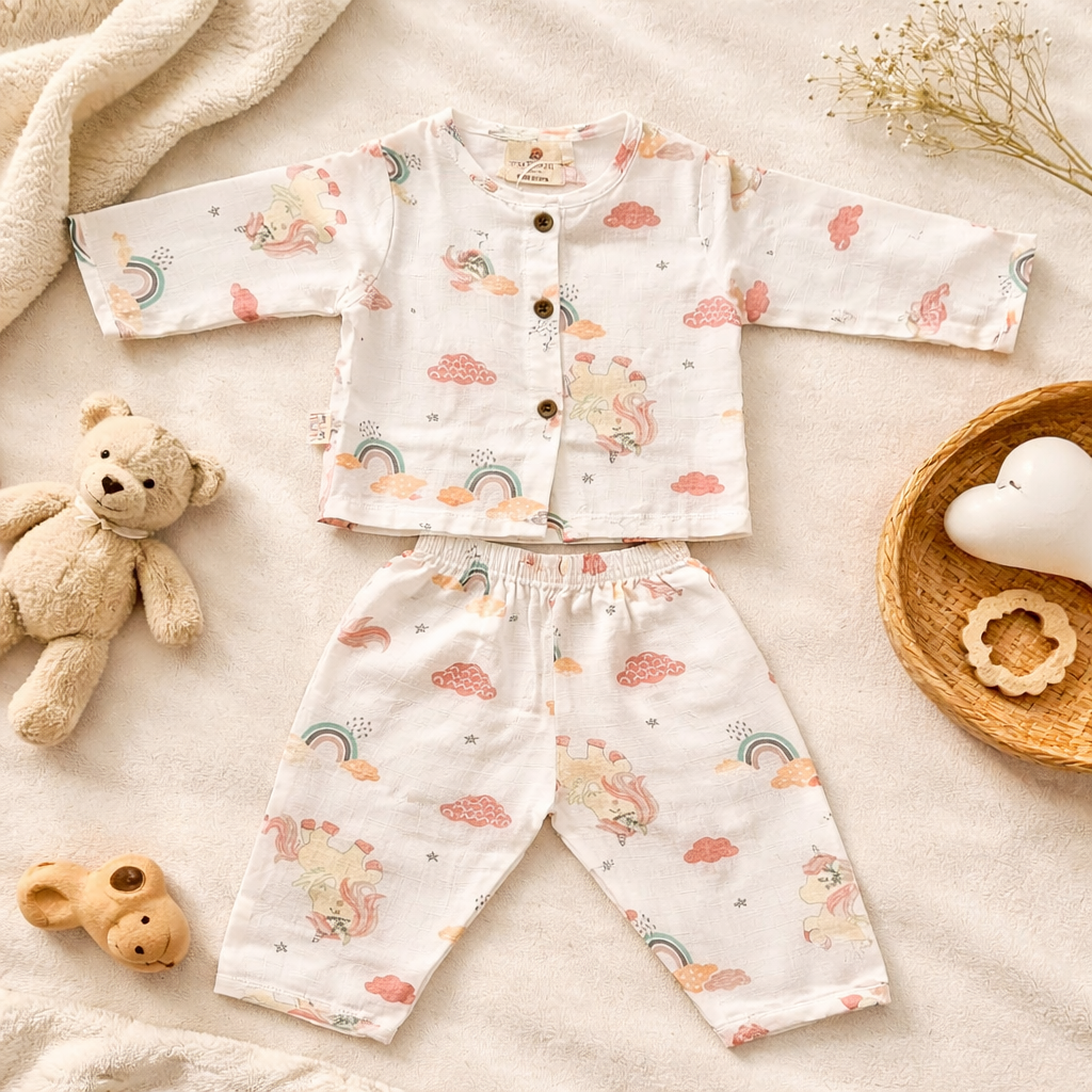 NUM NUM Newborn Baby Night Suit Set – Soft Printed Full Sleeve Top & Pant Set (White)