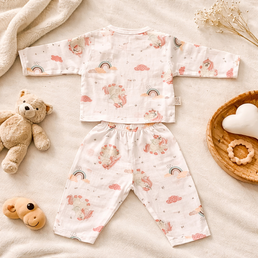 NUM NUM Newborn Baby Night Suit Set – Soft Printed Full Sleeve Top & Pant Set (White)