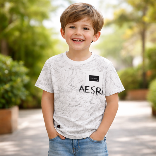 UNIKON Boys Printed T-Shirt – White Abstract Graphic Casual Wear (4 to 12 Years)