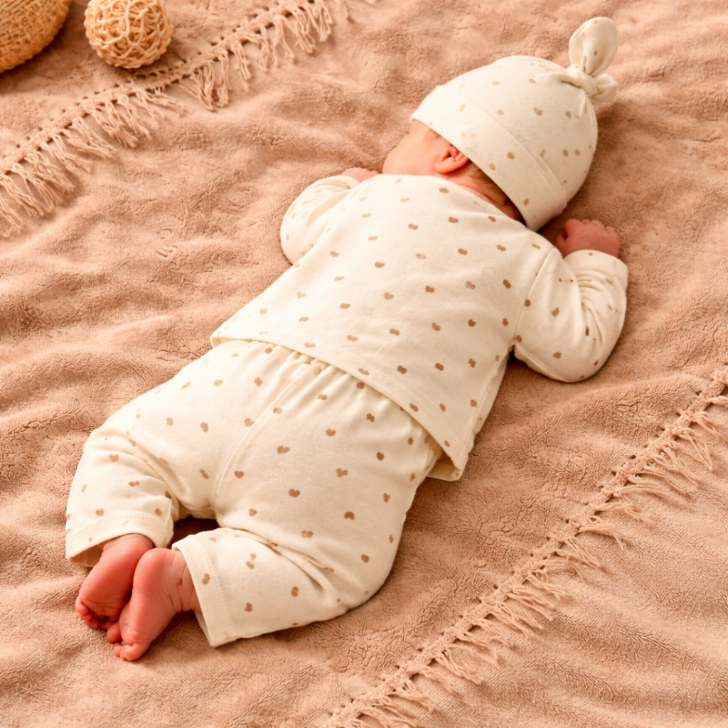 NUM NUM Baby Night Suit Set – Cream Heart Print Cotton Sleepwear (NB to 9 Months)