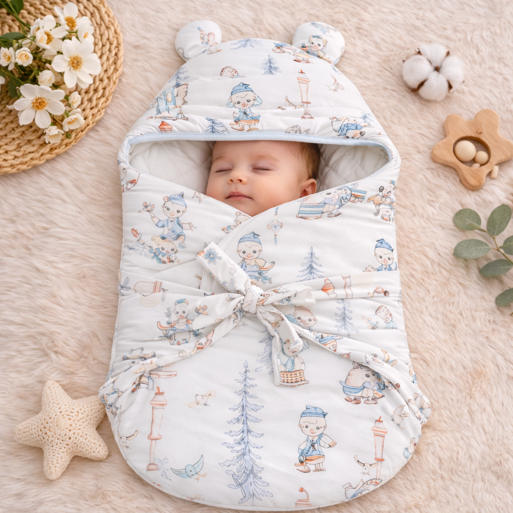 SMILE BABY New Born Carry Nest – BLUE | Soft Quilted Baby Sleeping Bag with Hood