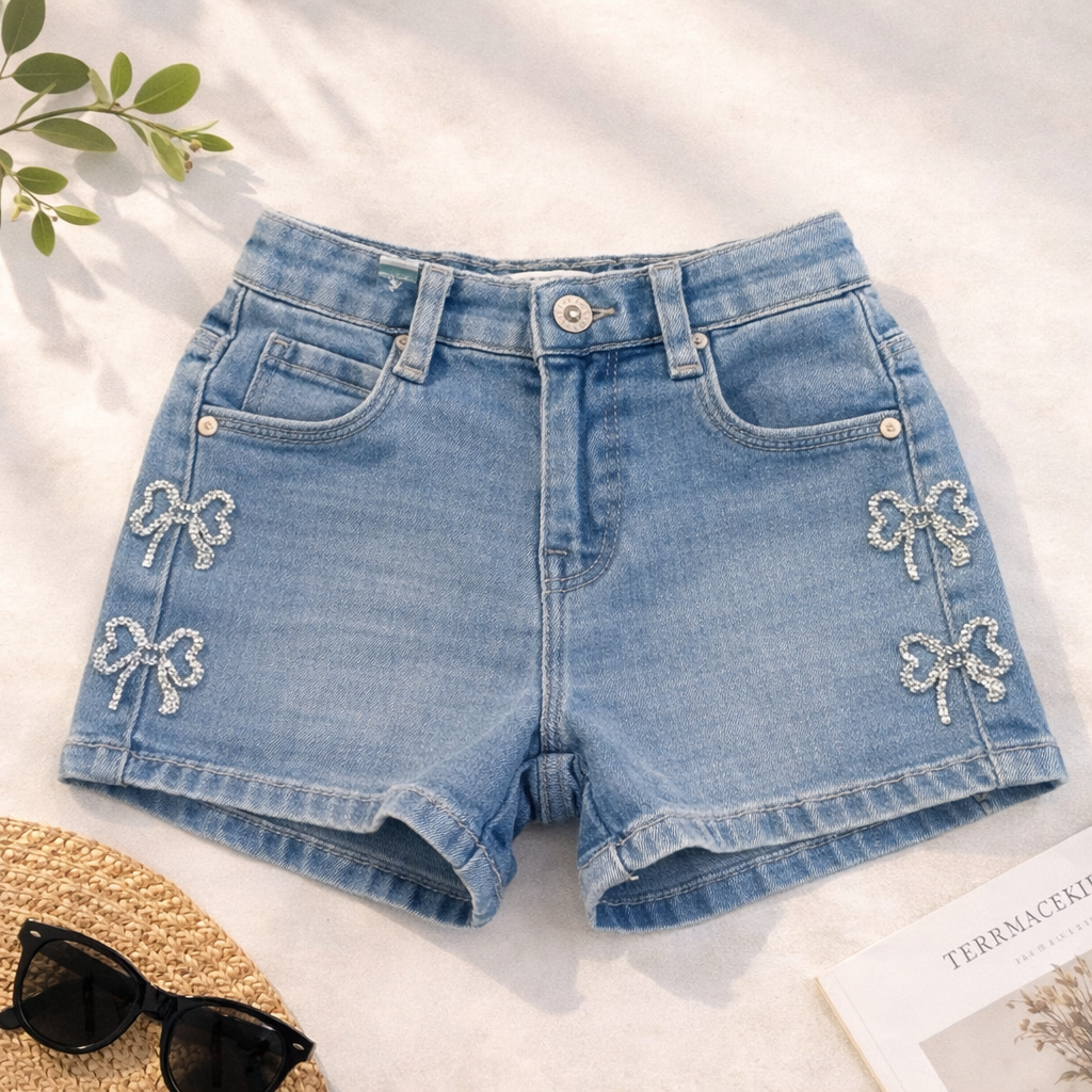 LOVEKINS Girls Light Blue Bow Embroidered Denim Shorts (2–6 Years)