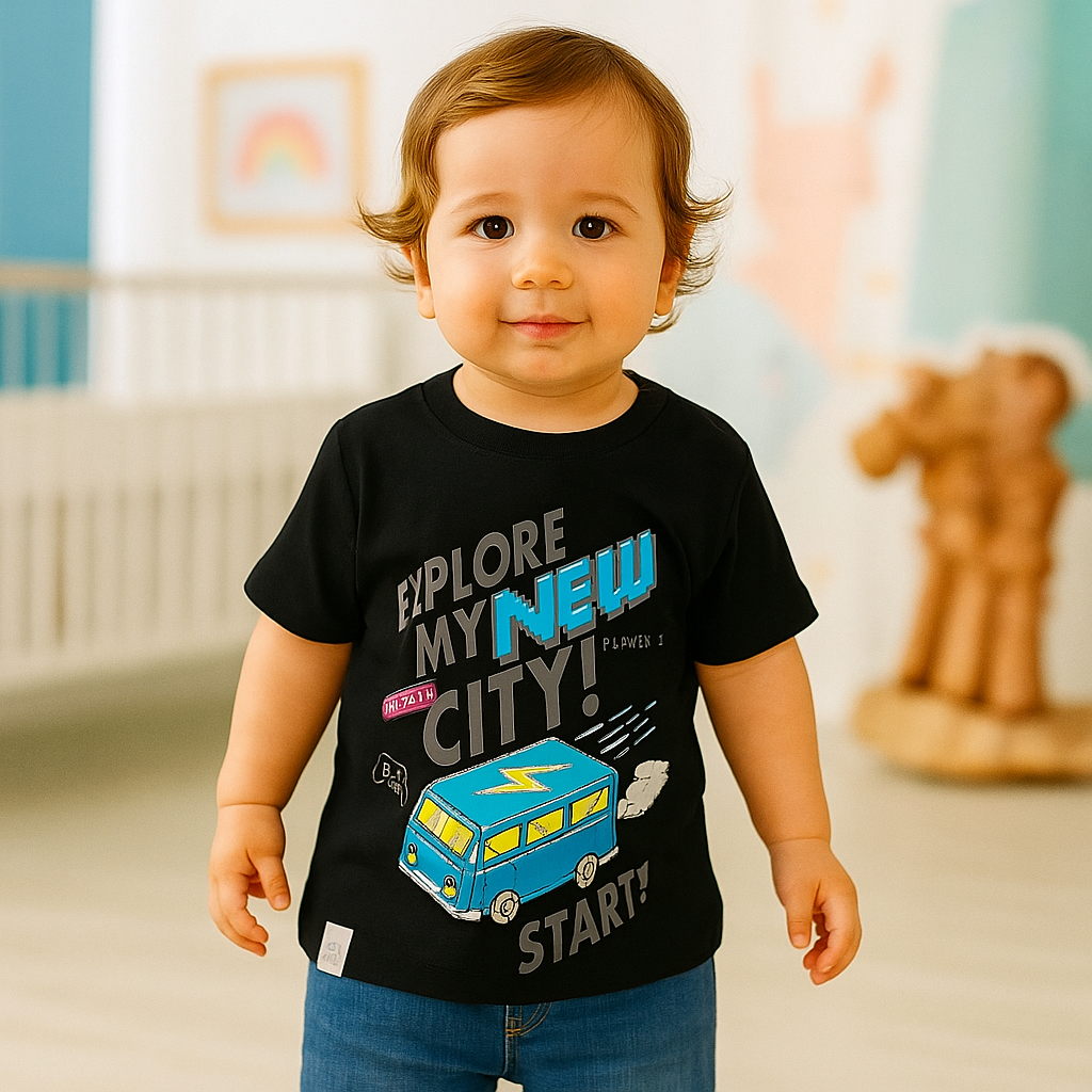 OLLYPOP “Explore My New City” Baby T-Shirt – Soft Cotton Half Sleeve Tee for Boys (6–12M) – Sponge Bob Yellow & Black