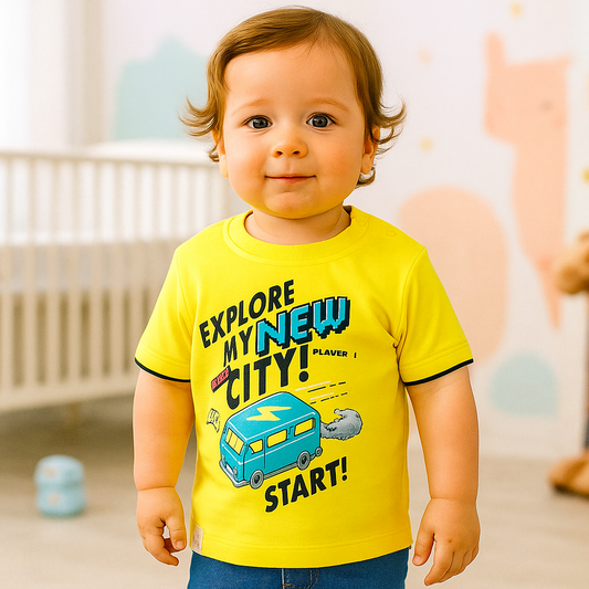 OLLYPOP “Explore My New City” Baby T-Shirt – Soft Cotton Half Sleeve Tee for Boys (6–12M) – Sponge Bob Yellow & Black