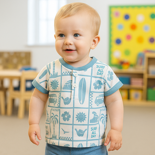 OLLYPOP “Surf All Day” Boys T-Shirt – Soft Cotton Half Sleeve Henley Tee (9M–3Y) – Blue, Mulberry & Turquoise